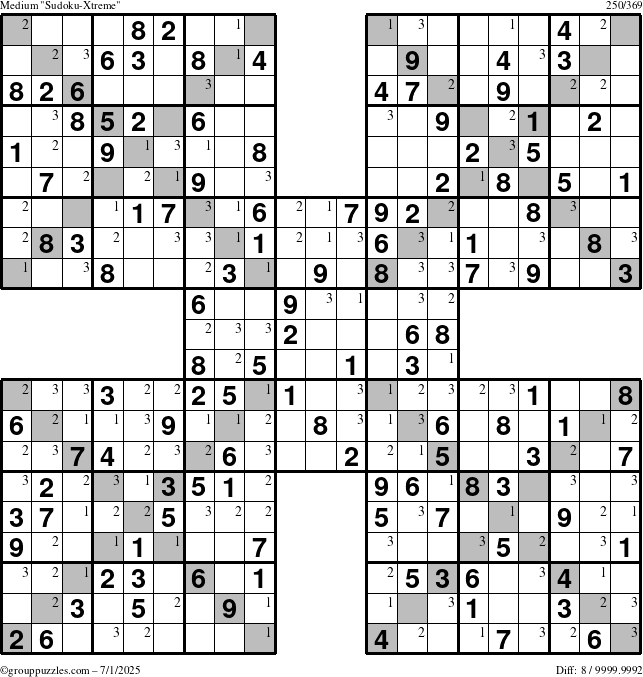 The grouppuzzles.com Medium Sudoku-Xtreme puzzle for Tuesday July 1, 2025 with the first 3 steps marked