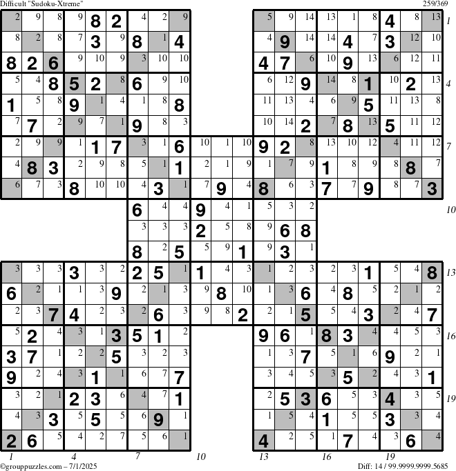 The grouppuzzles.com Difficult Sudoku-Xtreme puzzle for Tuesday July 1, 2025 with all 14 steps marked