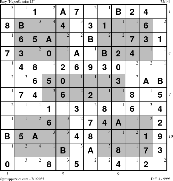 The grouppuzzles.com Easy HyperSudoku-12 puzzle for Tuesday July 1, 2025 with all 4 steps marked