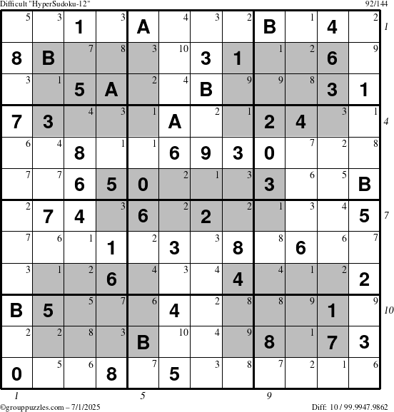 The grouppuzzles.com Difficult HyperSudoku-12 puzzle for Tuesday July 1, 2025, suitable for printing, with all 10 steps marked