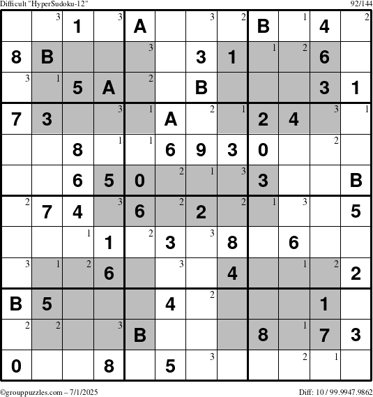 The grouppuzzles.com Difficult HyperSudoku-12 puzzle for Tuesday July 1, 2025 with the first 3 steps marked