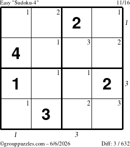 The grouppuzzles.com Easy Sudoku-4 puzzle for Saturday June 6, 2026, suitable for printing, with all 3 steps marked