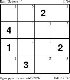 The grouppuzzles.com Easy Sudoku-4 puzzle for Saturday June 6, 2026 with the first 3 steps marked