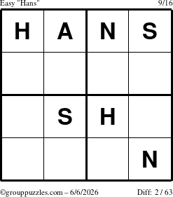 The grouppuzzles.com Easy Hans puzzle for Saturday June 6, 2026