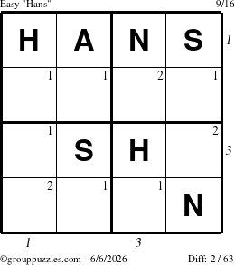 The grouppuzzles.com Easy Hans puzzle for Saturday June 6, 2026 with all 2 steps marked