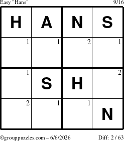 The grouppuzzles.com Easy Hans puzzle for Saturday June 6, 2026 with the first 2 steps marked