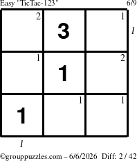 The grouppuzzles.com Easy TicTac-123 puzzle for Saturday June 6, 2026 with all 2 steps marked