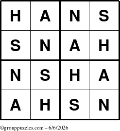 The grouppuzzles.com Answer grid for the Hans puzzle for Saturday June 6, 2026