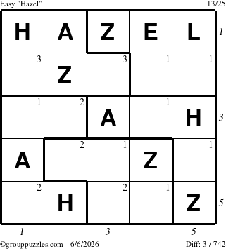 The grouppuzzles.com Easy Hazel puzzle for Saturday June 6, 2026, suitable for printing, with all 3 steps marked