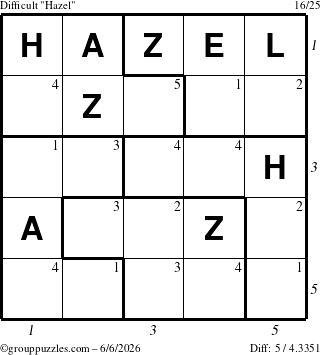 The grouppuzzles.com Difficult Hazel puzzle for Saturday June 6, 2026 with all 5 steps marked