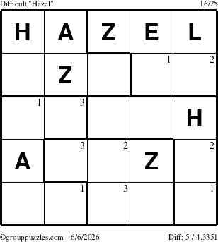The grouppuzzles.com Difficult Hazel puzzle for Saturday June 6, 2026 with the first 3 steps marked