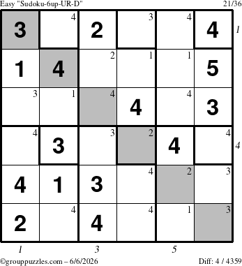 The grouppuzzles.com Easy Sudoku-6up-UR-D puzzle for Saturday June 6, 2026 with all 4 steps marked