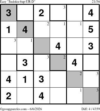The grouppuzzles.com Easy Sudoku-6up-UR-D puzzle for Saturday June 6, 2026 with the first 3 steps marked