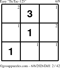 The grouppuzzles.com Easy TicTac-123 puzzle for Saturday June 6, 2026 with the first 2 steps marked