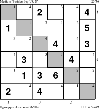 The grouppuzzles.com Medium Sudoku-6up-UR-D puzzle for Saturday June 6, 2026, suitable for printing, with all 4 steps marked