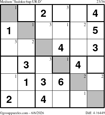 The grouppuzzles.com Medium Sudoku-6up-UR-D puzzle for Saturday June 6, 2026 with the first 3 steps marked