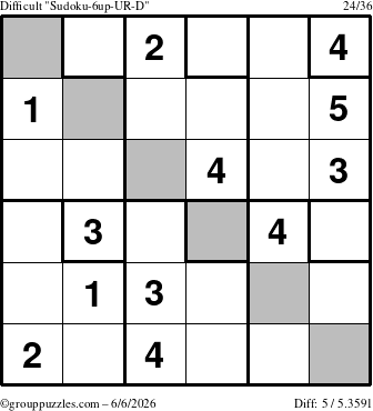 The grouppuzzles.com Difficult Sudoku-6up-UR-D puzzle for Saturday June 6, 2026