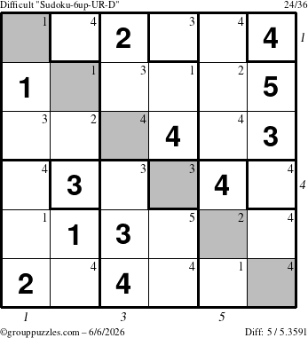 The grouppuzzles.com Difficult Sudoku-6up-UR-D puzzle for Saturday June 6, 2026, suitable for printing, with all 5 steps marked
