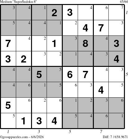 The grouppuzzles.com Medium SuperSudoku-8 puzzle for Saturday June 6, 2026, suitable for printing, with all 7 steps marked
