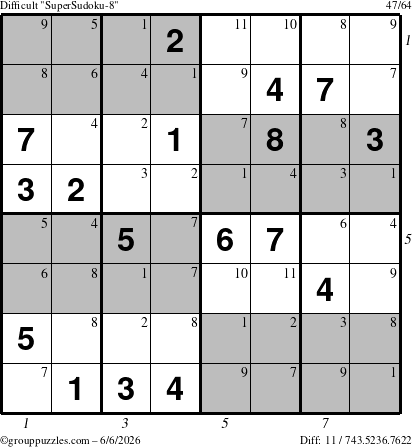 The grouppuzzles.com Difficult SuperSudoku-8 puzzle for Saturday June 6, 2026, suitable for printing, with all 11 steps marked