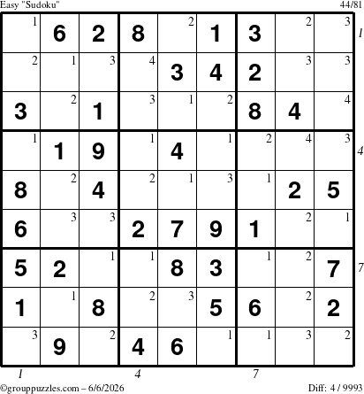 The grouppuzzles.com Easy Sudoku puzzle for Saturday June 6, 2026 with all 4 steps marked