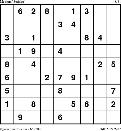 The grouppuzzles.com Medium Sudoku puzzle for Saturday June 6, 2026