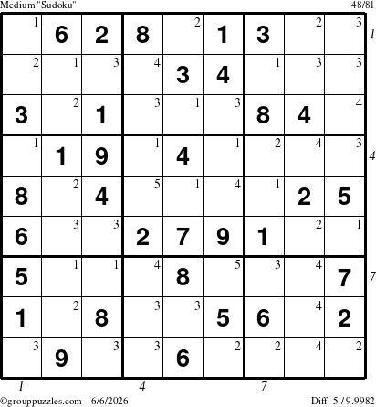 The grouppuzzles.com Medium Sudoku puzzle for Saturday June 6, 2026 with all 5 steps marked