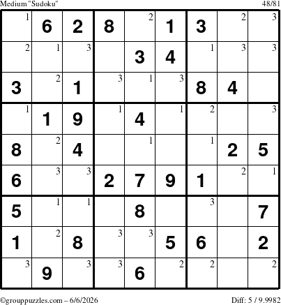 The grouppuzzles.com Medium Sudoku puzzle for Saturday June 6, 2026 with the first 3 steps marked