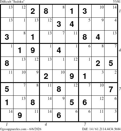 The grouppuzzles.com Difficult Sudoku puzzle for Saturday June 6, 2026 with all 14 steps marked