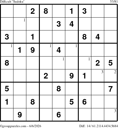 The grouppuzzles.com Difficult Sudoku puzzle for Saturday June 6, 2026 with the first 3 steps marked