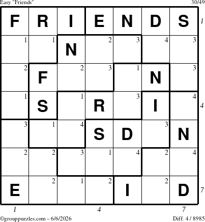 The grouppuzzles.com Easy Friends puzzle for Saturday June 6, 2026, suitable for printing, with all 4 steps marked
