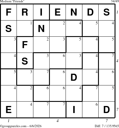 The grouppuzzles.com Medium Friends puzzle for Saturday June 6, 2026, suitable for printing, with all 7 steps marked