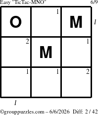 The grouppuzzles.com Easy TicTac-MNO puzzle for Saturday June 6, 2026, suitable for printing, with all 2 steps marked