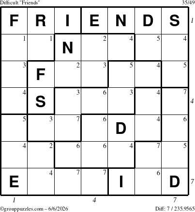 The grouppuzzles.com Difficult Friends puzzle for Saturday June 6, 2026, suitable for printing, with all 7 steps marked
