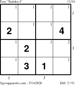 The grouppuzzles.com Easy Sudoku-4 puzzle for Thursday May 14, 2026, suitable for printing, with all 2 steps marked