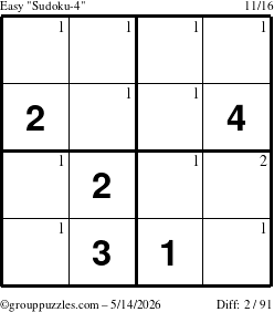 The grouppuzzles.com Easy Sudoku-4 puzzle for Thursday May 14, 2026 with the first 2 steps marked