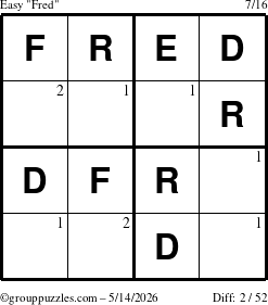 The grouppuzzles.com Easy Fred puzzle for Thursday May 14, 2026 with the first 2 steps marked
