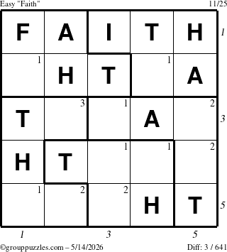 The grouppuzzles.com Easy Faith puzzle for Thursday May 14, 2026, suitable for printing, with all 3 steps marked