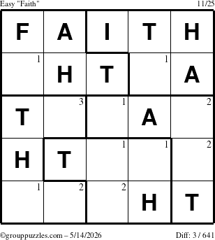 The grouppuzzles.com Easy Faith puzzle for Thursday May 14, 2026 with the first 3 steps marked