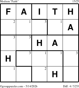 The grouppuzzles.com Medium Faith puzzle for Thursday May 14, 2026 with the first 3 steps marked