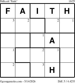 The grouppuzzles.com Difficult Faith puzzle for Thursday May 14, 2026 with the first 3 steps marked