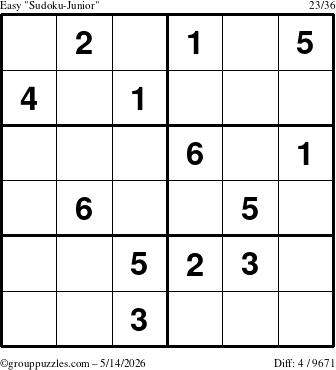 The grouppuzzles.com Easy Sudoku-Junior puzzle for Thursday May 14, 2026
