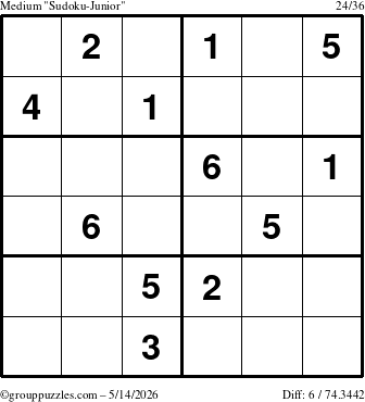 The grouppuzzles.com Medium Sudoku-Junior puzzle for Thursday May 14, 2026