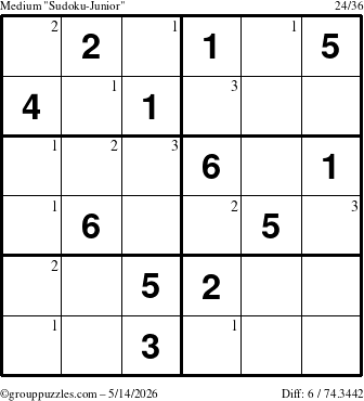 The grouppuzzles.com Medium Sudoku-Junior puzzle for Thursday May 14, 2026 with the first 3 steps marked