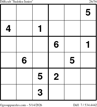 The grouppuzzles.com Difficult Sudoku-Junior puzzle for Thursday May 14, 2026