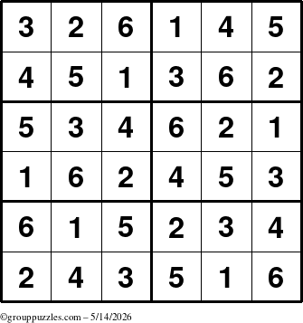 The grouppuzzles.com Answer grid for the Sudoku-Junior puzzle for Thursday May 14, 2026