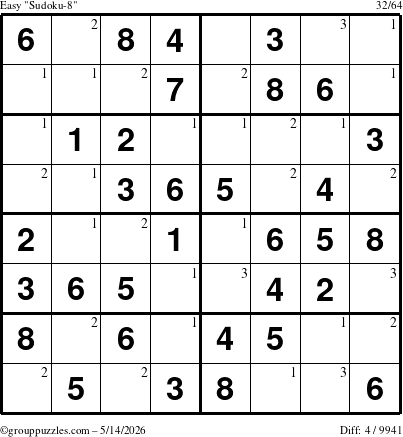 The grouppuzzles.com Easy Sudoku-8 puzzle for Thursday May 14, 2026 with the first 3 steps marked