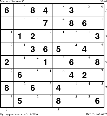 The grouppuzzles.com Medium Sudoku-8 puzzle for Thursday May 14, 2026, suitable for printing, with all 7 steps marked