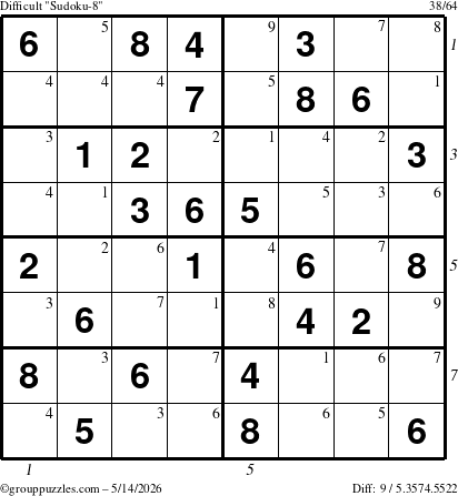 The grouppuzzles.com Difficult Sudoku-8 puzzle for Thursday May 14, 2026 with all 9 steps marked