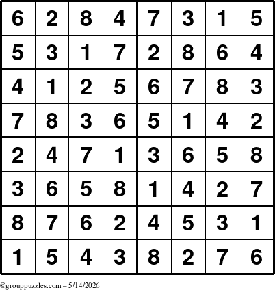 The grouppuzzles.com Answer grid for the Sudoku-8 puzzle for Thursday May 14, 2026